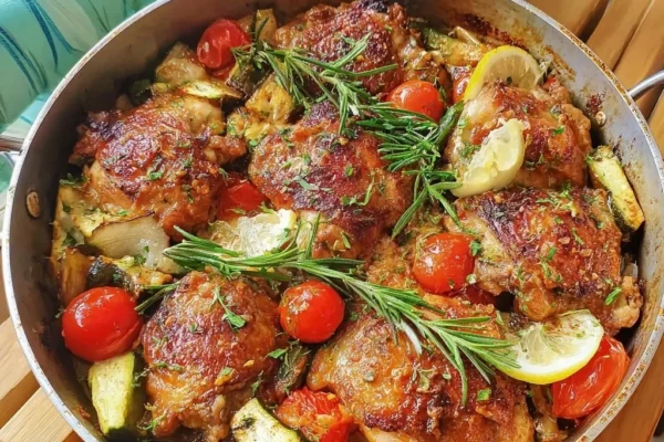 One Pan Greek Chicken Thighs with Lemon, Garlic and Vegetables