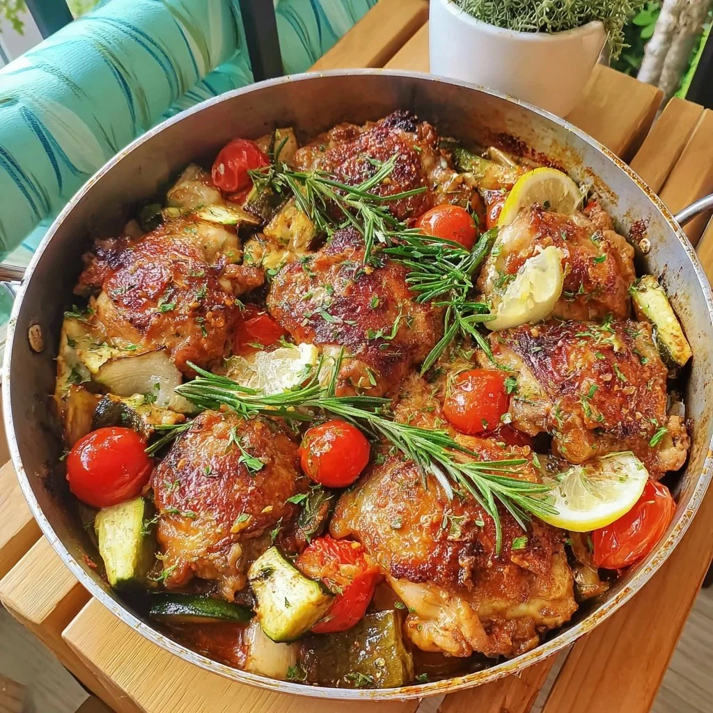 One Pan Greek Chicken Thighs with Lemon, Garlic and Vegetables